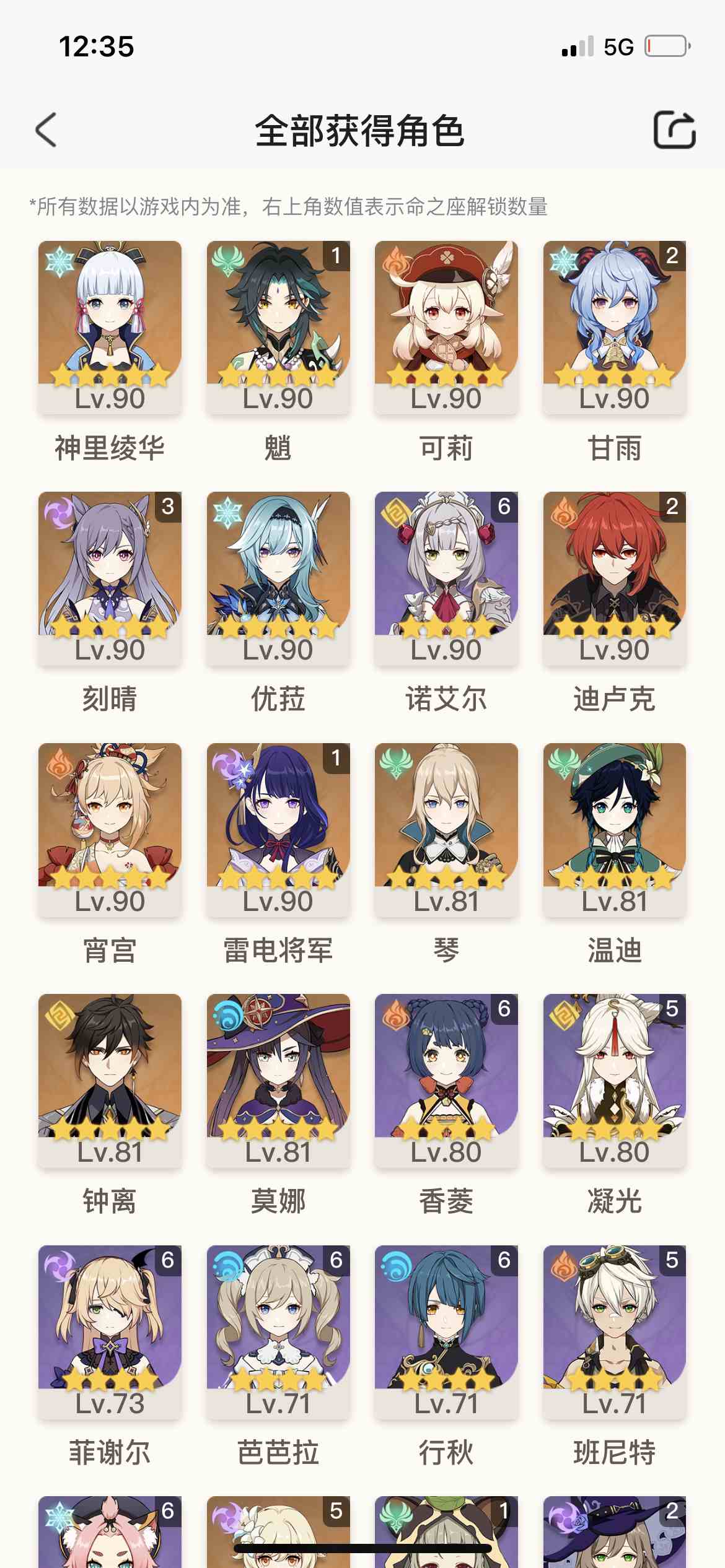 官服57级高练原神号一命雷神二命甘雨二命迪卢克三命刻晴